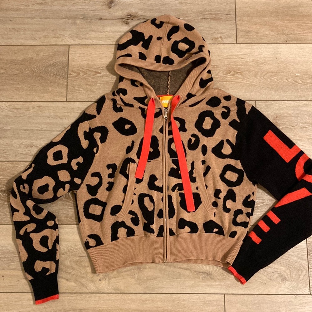 Wispr leopard zip up sweater with hood size small . It says love down the sleeve